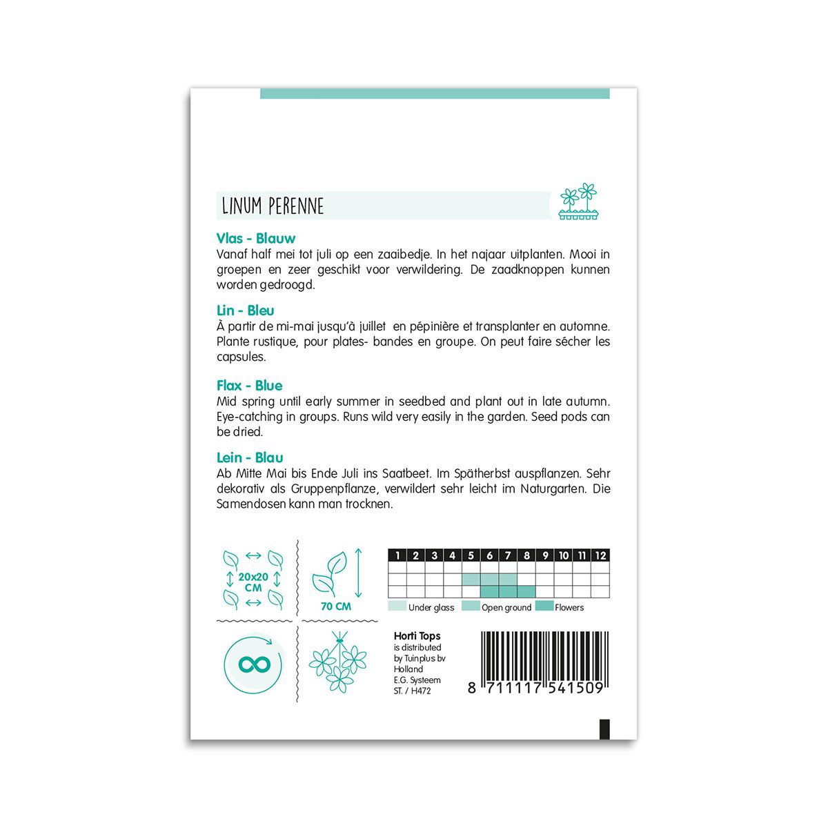 Bagside af frøpose til blå staudehør Linum perenne