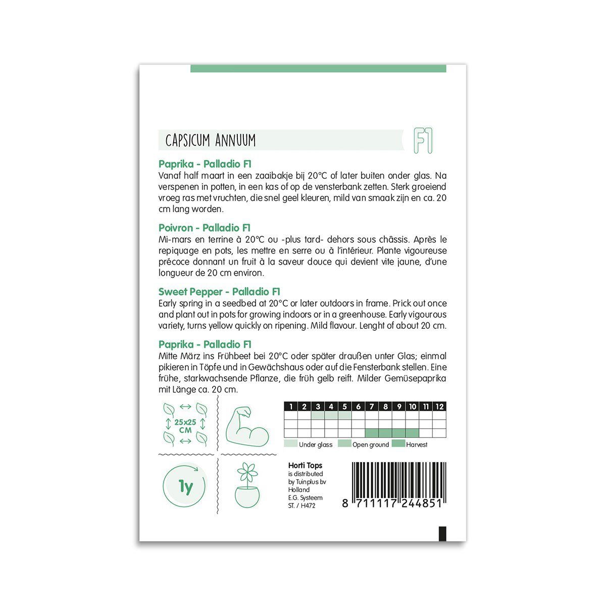 Bagside af Paprika Palladio F1 frøpose med vejledning