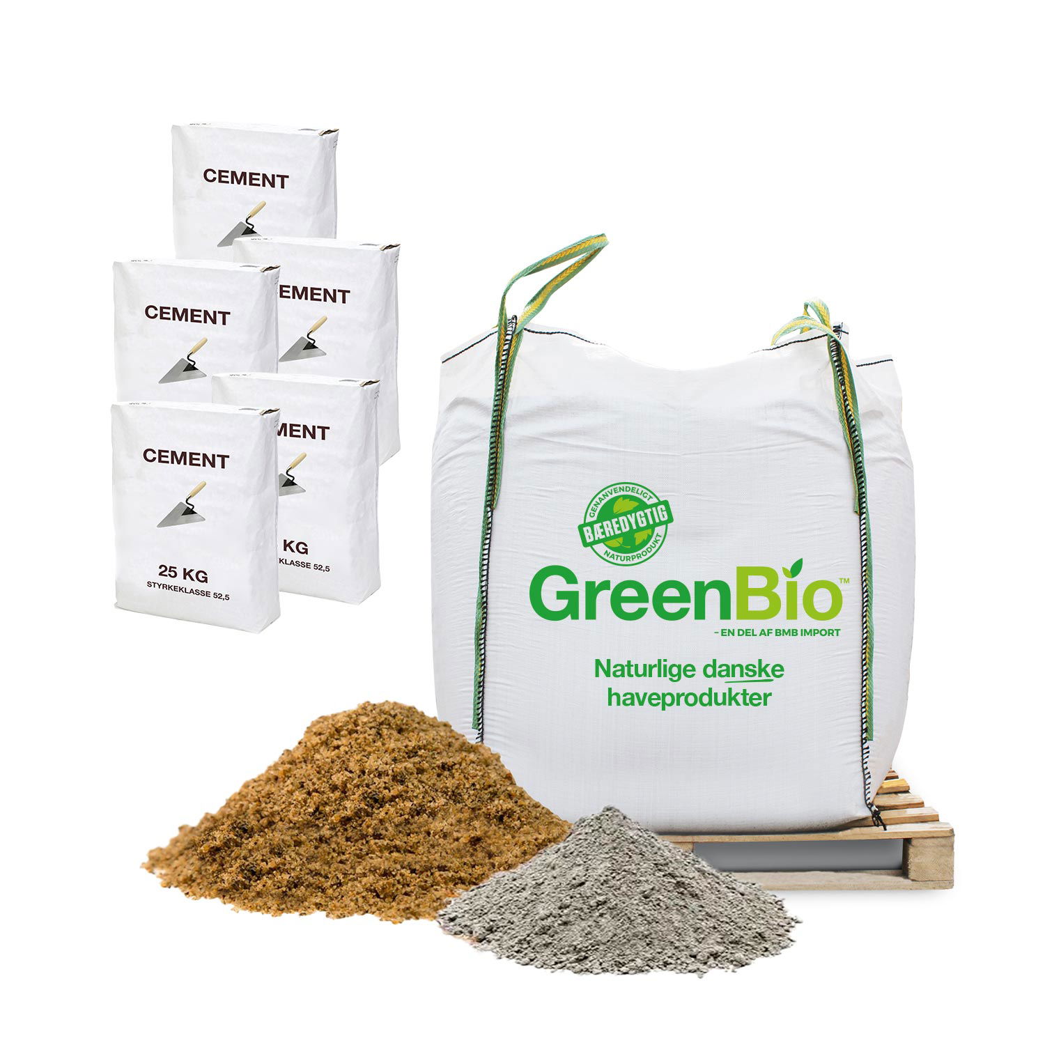 Støbepakke: 1000 kg murersand 0-2 mm + 125 kg cement 42,5