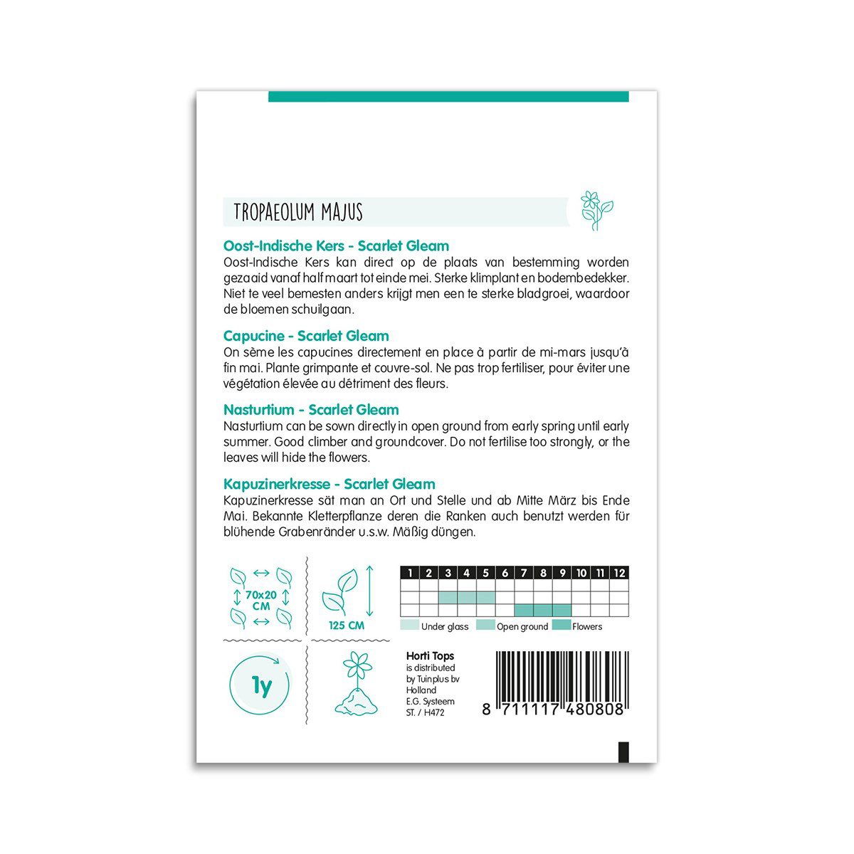 Bagside af frøpose til Tropaeolum majus Scarlet Gleam